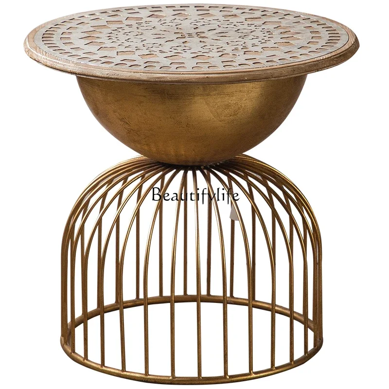 

LAmerican round small apartment coffee table living room household wrought iron retro old industrial style solid wood carving