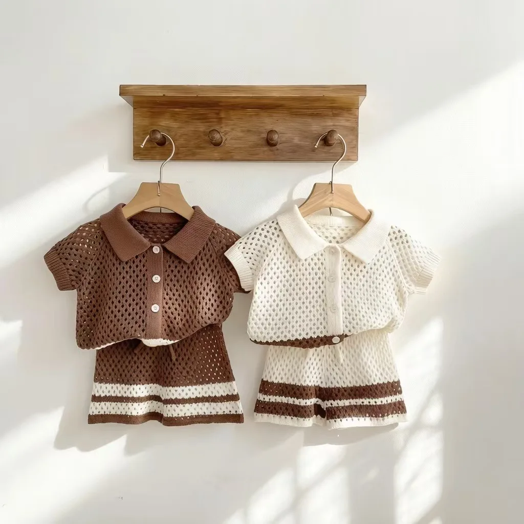Summer New Baby Short Sleeve Clothes Set Boys Girls Knitted Hollow Out Lapel Tops + Shorts 2pcs Suit Infant Toddler Outfits