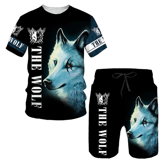 The Wolf Print Set Suit Hip Hop Harajuku 3D Sports 2 Piece Oversized Sweatshirt  O-neck Tshirt Beach Shorts Outfits man clothes