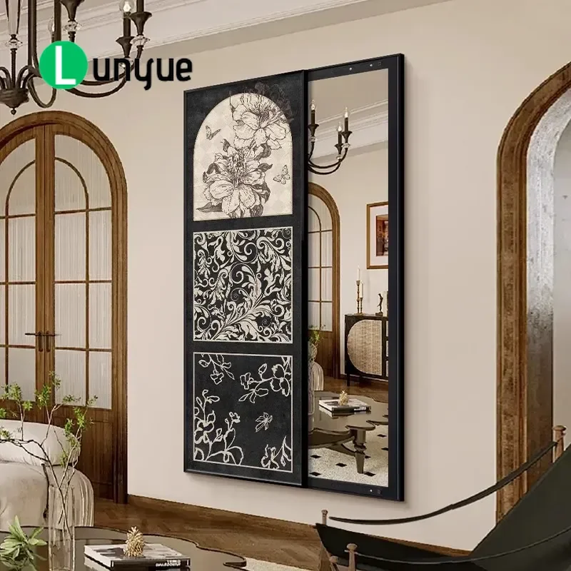 French Medieval Retro Full Length Mirror Hidden Push Pull Design Decorative Hanging Painting for Entrance Aisle Home Decor
