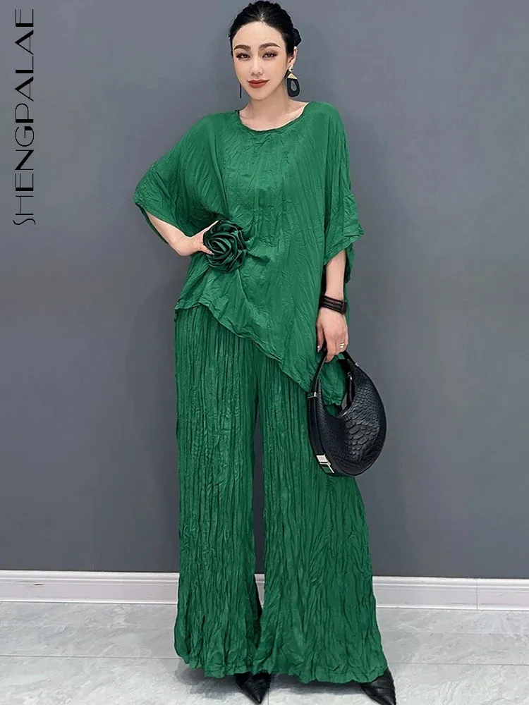 SHENGPALAE Short Sleeve Long Top Wide Leg Long Pants 2024 Summer New Two Piece Set Comfortable Breathable Leisure Clothes 5R9699