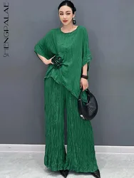 SHENGPALAE Short Sleeve Long Top Wide Leg Long Pants 2024 Summer New Two Piece Set Comfortable Breathable Leisure Clothes 5R9699