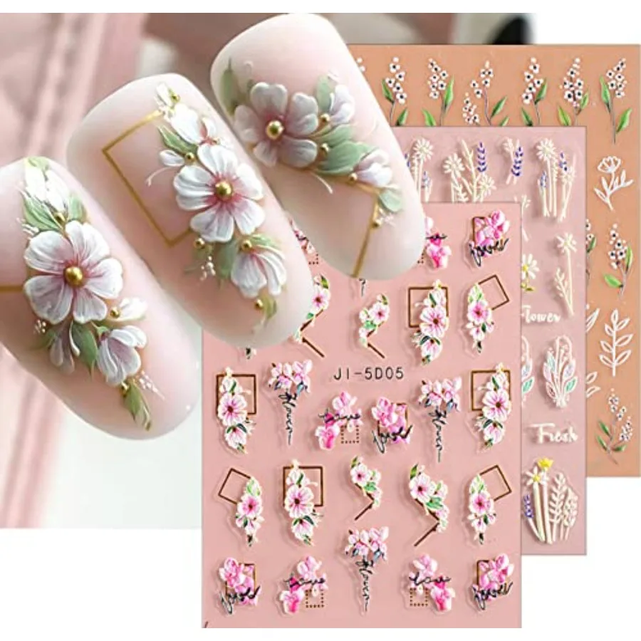 

3D Embossed Flower Leaves Nail Art Stickers Decals 4 Sheets 5D SelfAdhesive Pegatinas Uas Summer Nail Supplies Nail Art Design