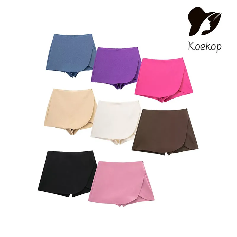 Koekop Women Vintage High Waist Side Zipper Female Skort Mujer Women Fashion Pareo Style Shorts Skirts