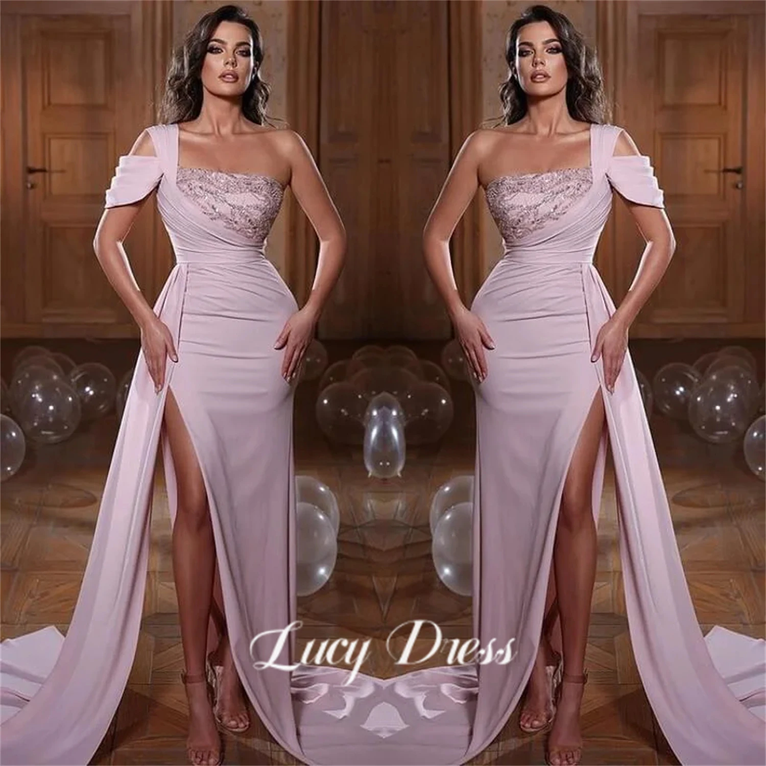 

Lucy Shoulder Sleeve Wedding Guest Dresses for Women Satin Party Dress Female Evening Gala Woman Bridesmaid Women's 2023 Long