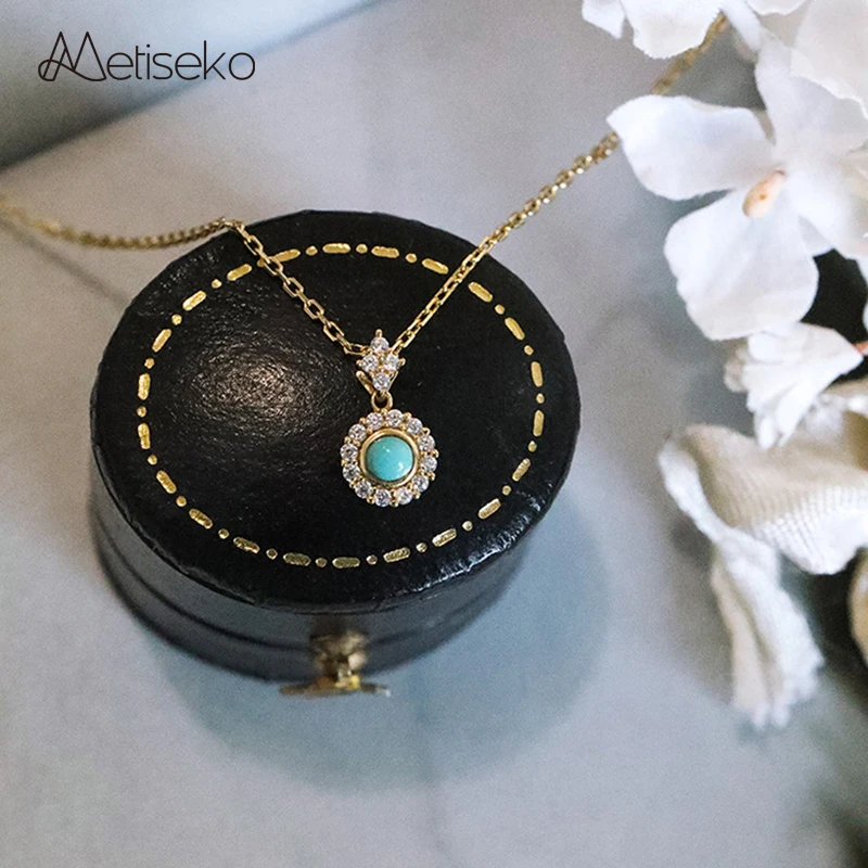 

Metiseko 925 Sterling Silver Turquoise Centre Pendant Necklace Retro Light Luxury Choker Necklace Trend Jewelry for Women Party