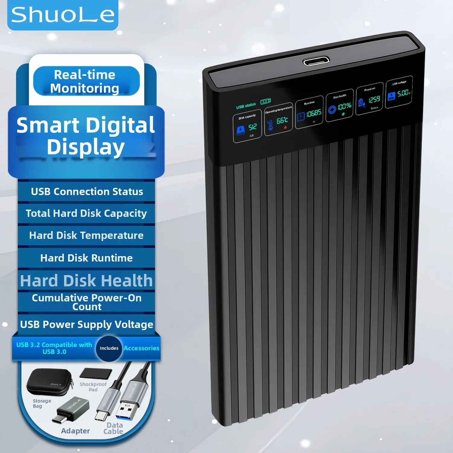 حاوية القرص الصلب USB 3 2 مع شاشة رقمية لصحة القرص في الوقت الحقيقي وسرعة النقل تدعم محرك الأقراص الصلبة SSD #4