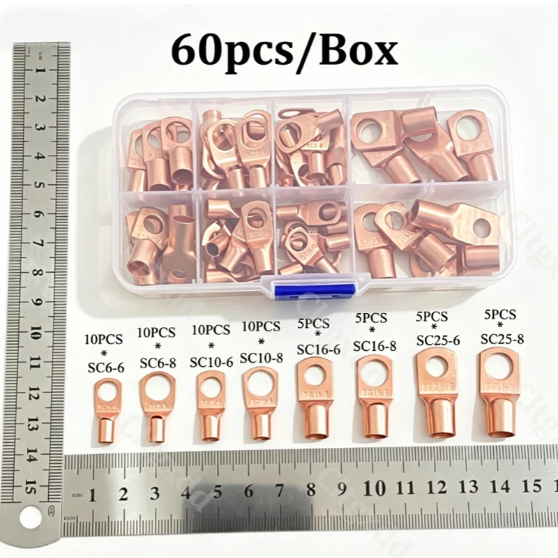 60 Pcs/box SC Copper Combination Battery Cable Terminal SC6-6 SC6-8 SC10-6 SC10-8 SC16-6 SC16-8 SC25-6 SC25-8 With Storage Box