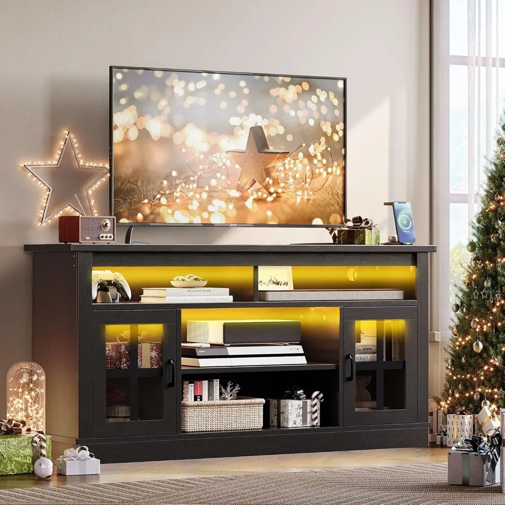 

Подставка под телевизор для 65-дюймового телевизора с розеткой и светодиодной подсветкой, современный шкаф под телевизор середины века высотой 8,7 дюйма с регулируемыми полками и