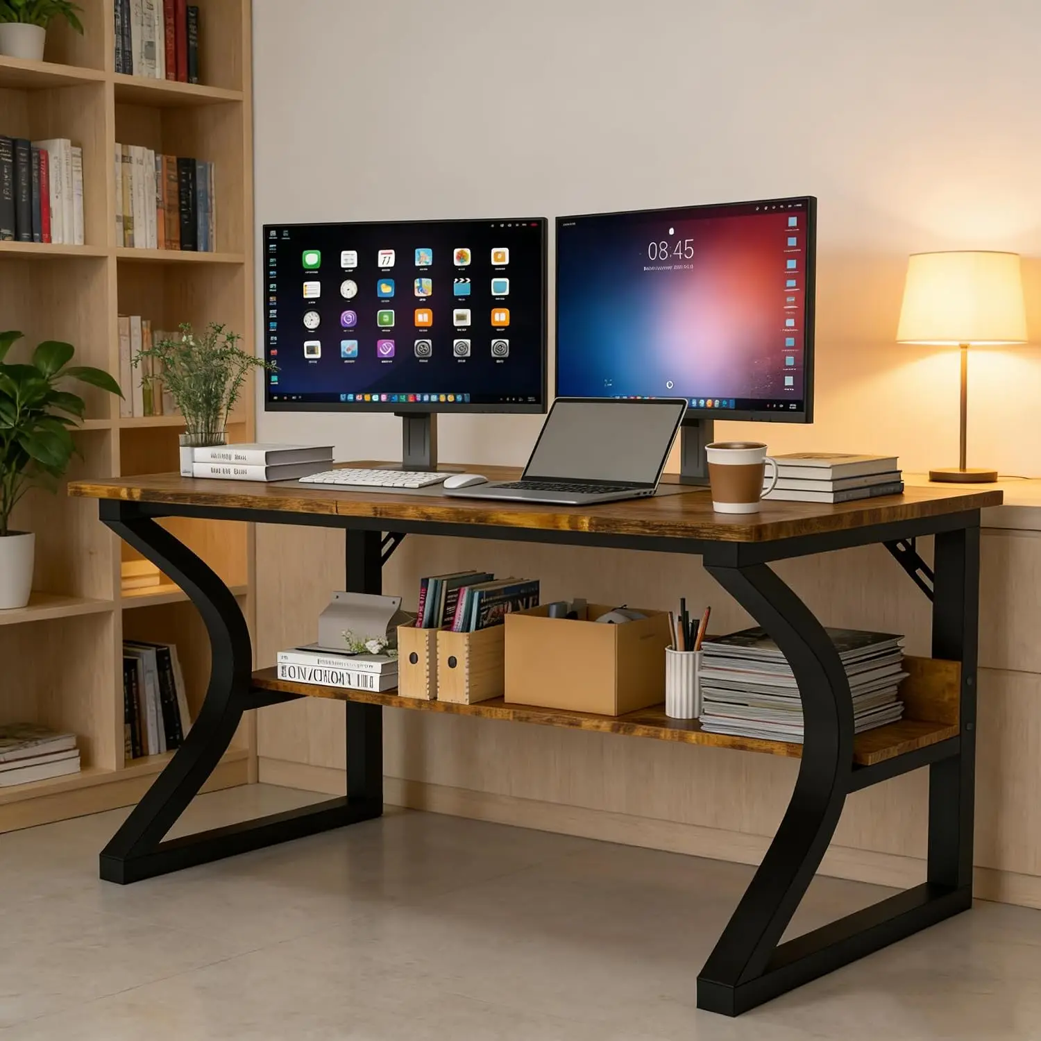 Large Computer Desk With Storage Shelf & C Shaped Metal Frame For Home Office Writing Work Study Bedroom, 55 Inch, Customized