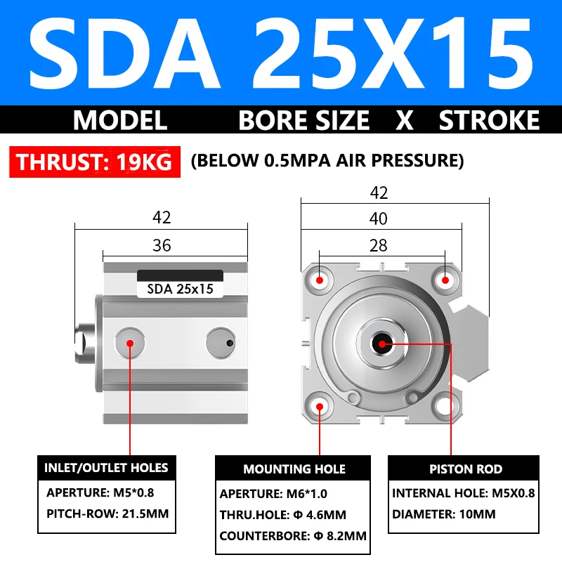 ABILKEEN SDA25X15 SDA Series Thin Air Cylinder 25MM Female Thread Bore X 15MM Stroke Double Acting Pneumatic Compact Cylinder