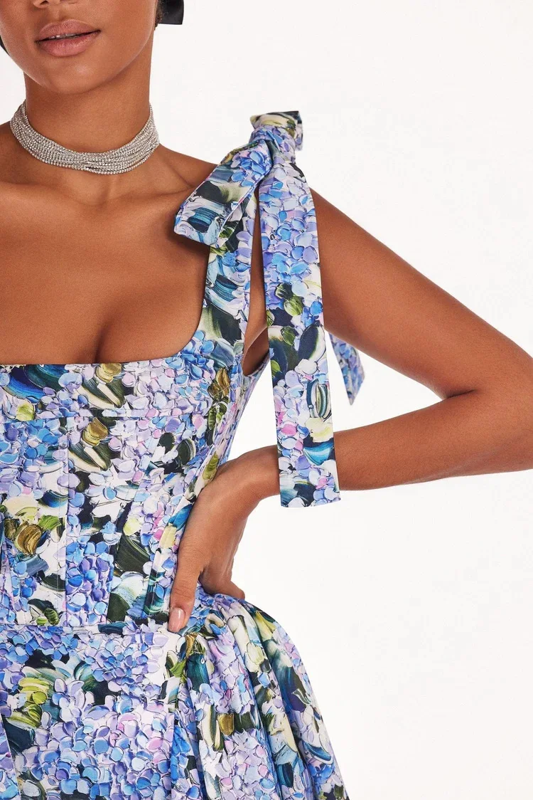 Frauen Floral Print Saum Maxi Abend Prom Kleid Quadrat Kragen Spitze-up Sling Langes Kleid Sommer Backless Hohl Boho kleid Mujer