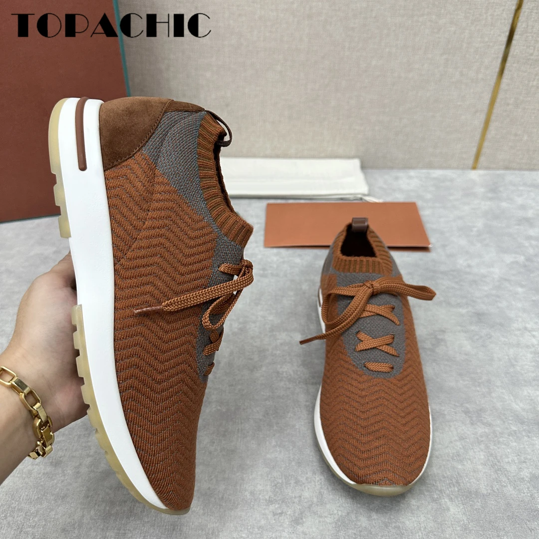 12.5 TOPACHIC Men\'s Soft Comfortable Knitted Sneakers Striped Lace-Up Round Toe Casual Shoes