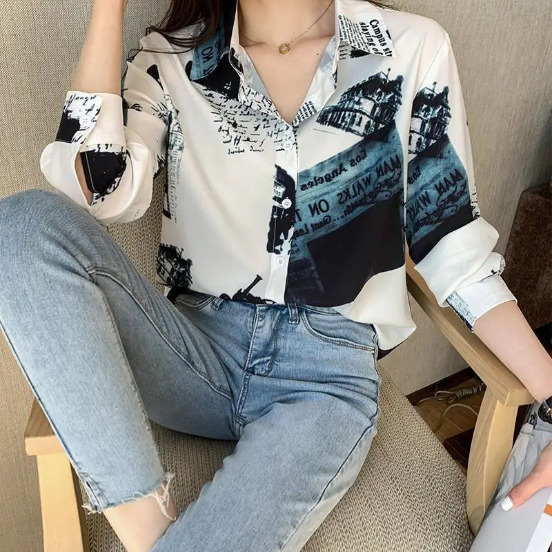 Mode Vrouwen Kleding 2022 Lente Herfst Polo-Hals Retro Hong Kong Smaak Brief Print Lange Mouwen Casual Button Chiffon shirt