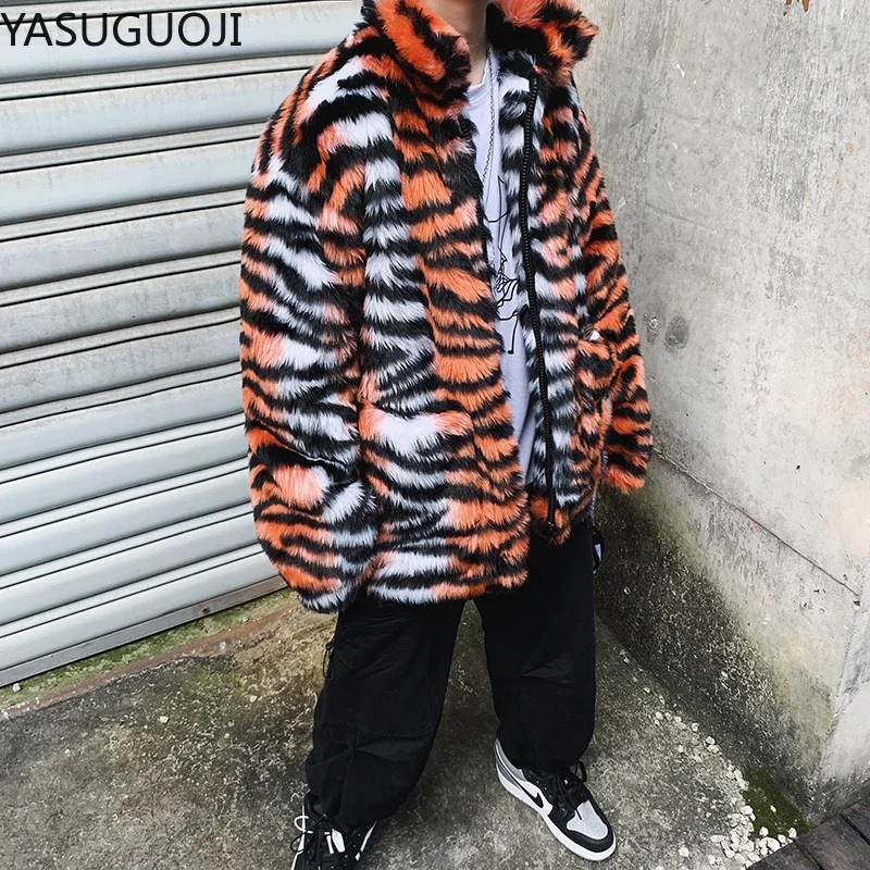 YASUGUOJI Winter Men Faux Fur Tiger Pattern Coat Jacket Male Fashion Loose Warm Coat Male Streetwear Thicken Outwear Oversize