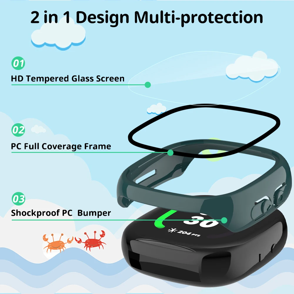 Capa para PC e Vidro para Fitbit Ace LTE, Completo All-around, Filme Anti-risco, Capa Protetora Bumper, Acessórios Google