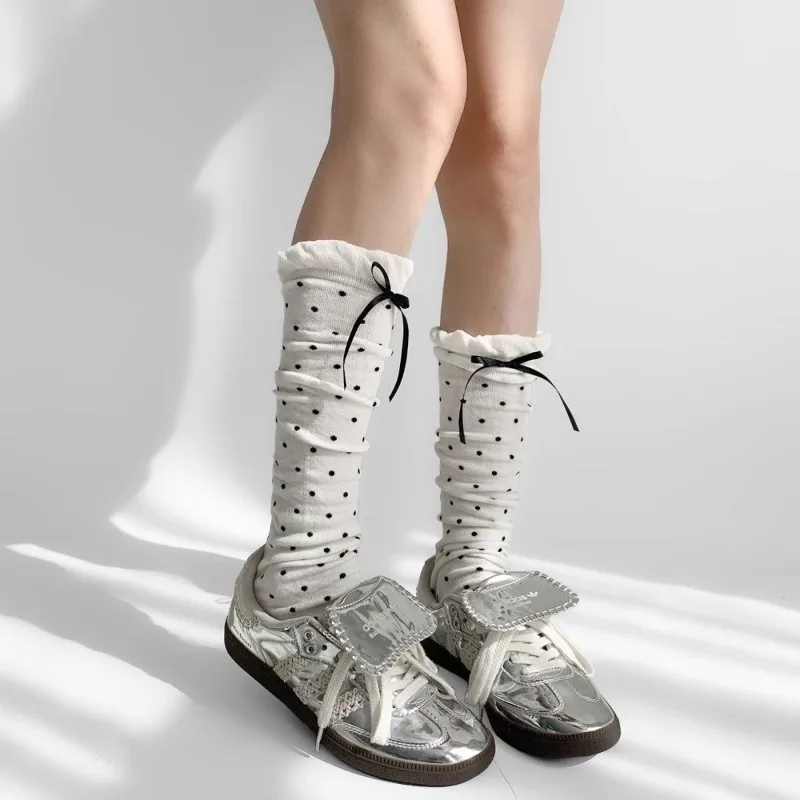 New Korean Fashion Cotton Knitted Leg Warmers Retro Polka Dots Stacked Socks JK Cute Bow Ruffle Edge Y2k Subculture Foot Covers