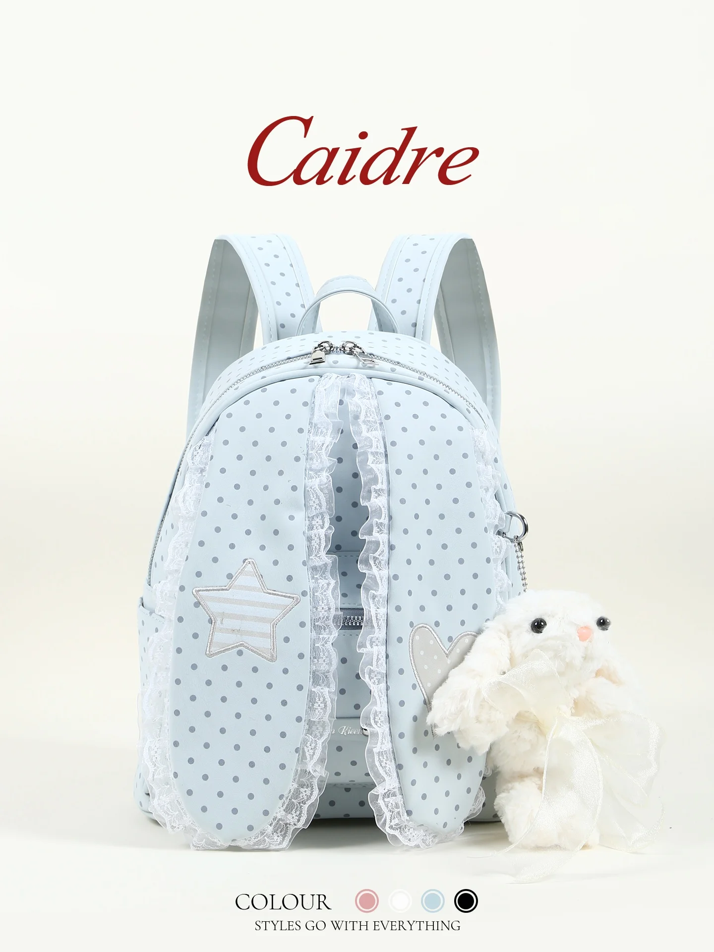 caidre-polka-dot-rabbit-ear-canvas-backpack-lightweight-travel-student-bookbag-korean-style-commuter-soft-handle-backpack