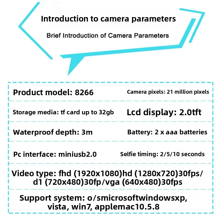 HD waterdichte camera, 21 miljoen pixels, 8x digitale zoom, digitale waterdichte kindercamera