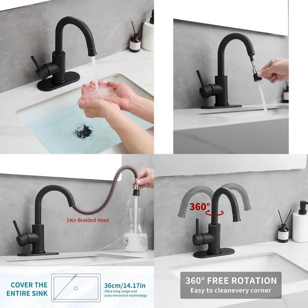 

Single Handle Pull-Out Spray Kitchen Faucet for 1-Hole Sink, Bar Sink with Pop-Up Drain, Small Deck Plate Faucet, 360° Swivel fo