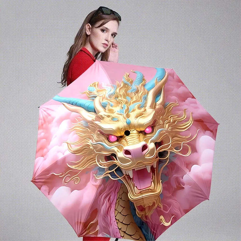 Golden Dragon with Pink Clouds - Mystical Umbrella Design Portable Folding Umbrella, Gift for Family And Friends