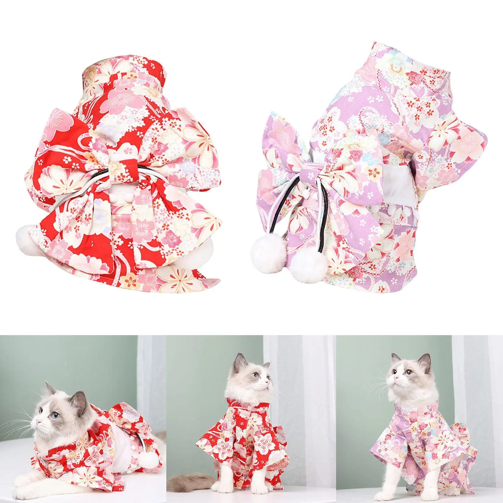 Katzen-Kimono-Kleid, bequem für kleine Mädchen, Hunde, Haustierbekleidung, Blumenmuster, stilvolle Partykleidung mit Fliege, Katzen-Prinzessinnenkleid