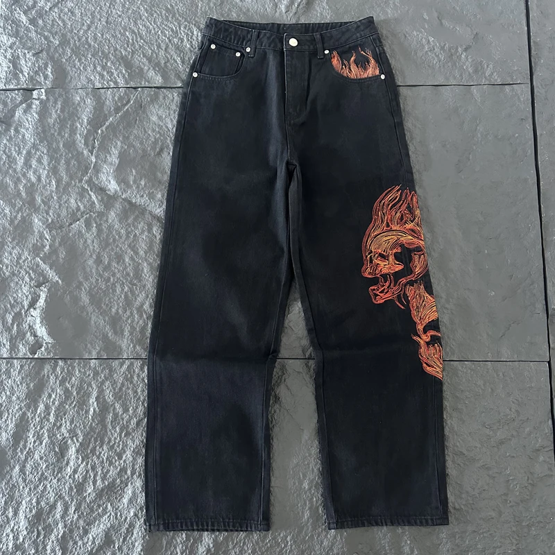 New Arrivals Derschutze Jeans Street High Quality Black Casual Loose Embroidery Denim Trousers