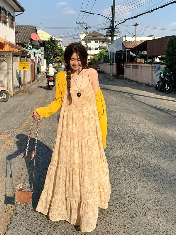 

plus Size Floral Print Halter Dress Women's Summer New Design A-Line Long Dress Vacation Style Korean Loose Fit High Waist Skirt