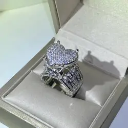 New 925 Silver Exquisite Big Heart Ring 5A CZ Micro Pave Cubic Zirconia Ring Fully Iced Out Bling Hip Hop Punk Men Women Jewelry