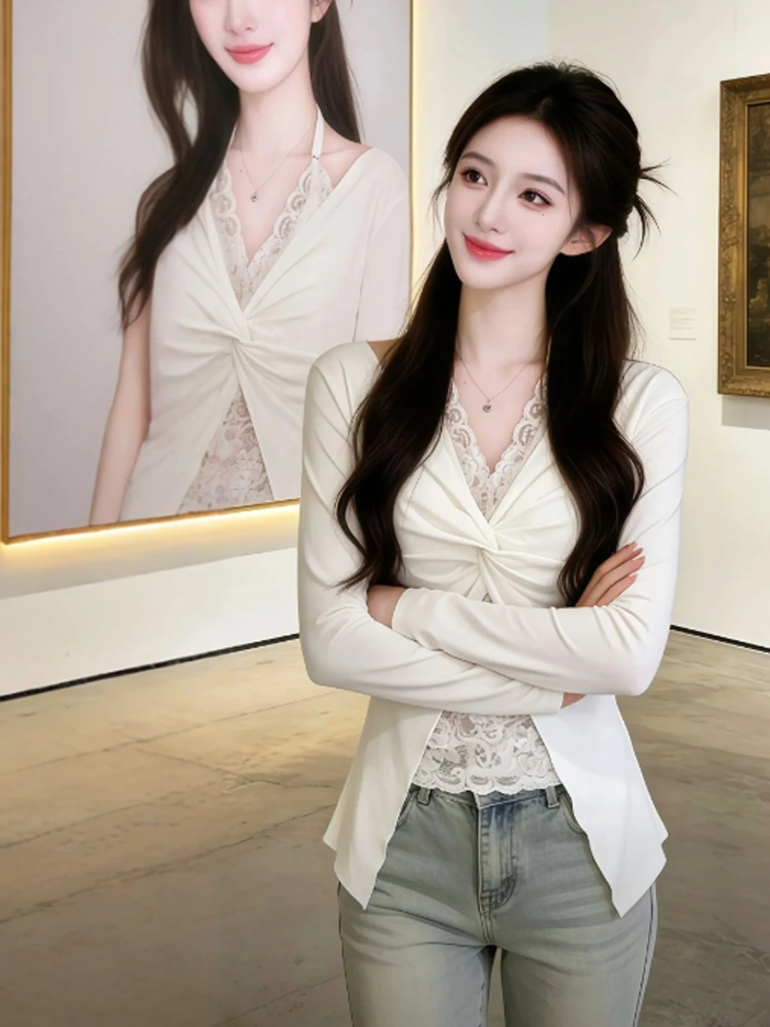 

Элегантная кружевная футболка с V-образным вырезом, однотонная, с длинным рукавом, весенняя мода для женщин, повседневная одежда для свиданий и дома