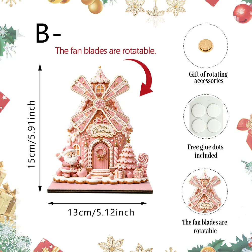 1PC Rotating Fan Blades Christmas Village House Ornament Gingerbread Style Santa Desktop Holiday Home Decor