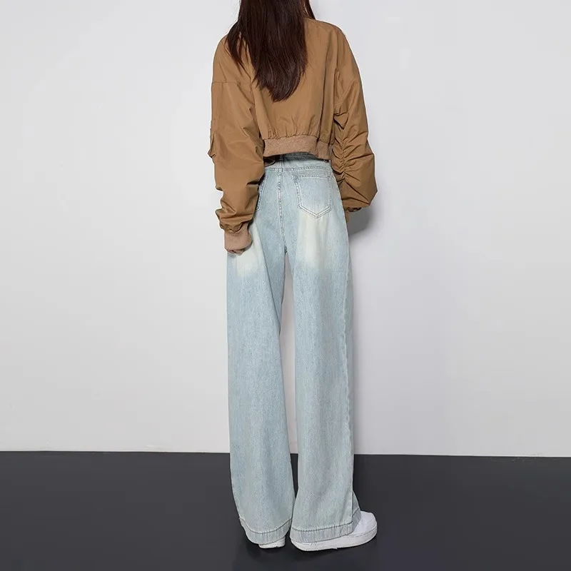하이웨이스트 와이드 레그 블루 데님 진 여성용 초가을 2024 신상 루즈 드레이프 스트레이트 컷 플로어 길이 바지