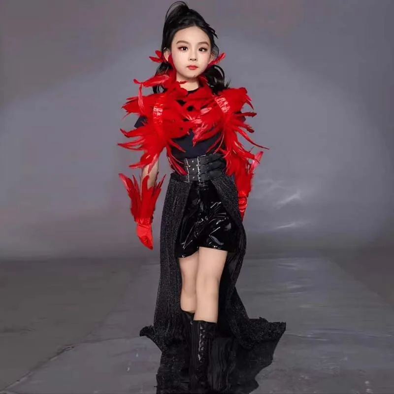 girls-catwalk-fashion-suit-with-trailing-feather-scarf-cool-leather-pants-purple-color-car-model-t-stage-performance-costume