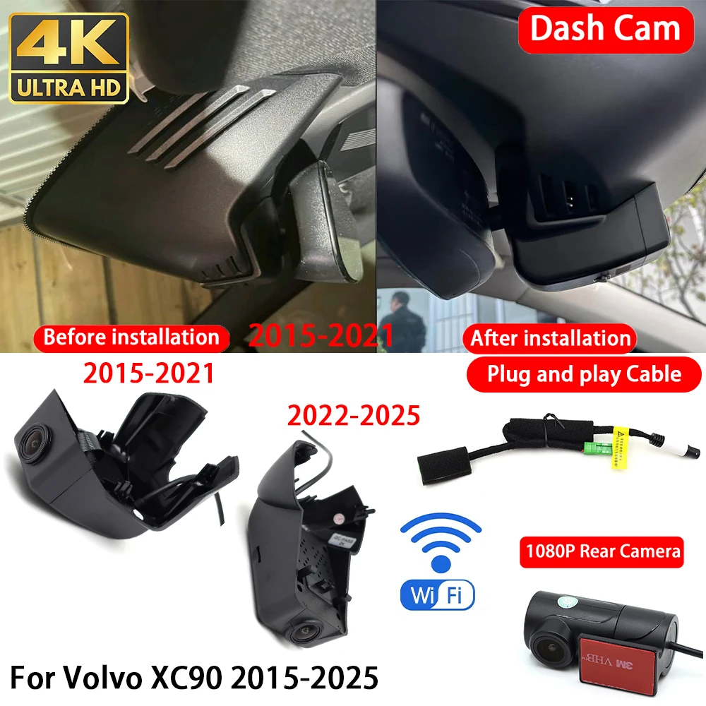 Cámara para Auto Volvo XC90 2015-2025, 4K, Delantera y Trasera, DVR, Wifi, Visión Nocturna, Plug & Play, Grabación en Bucle