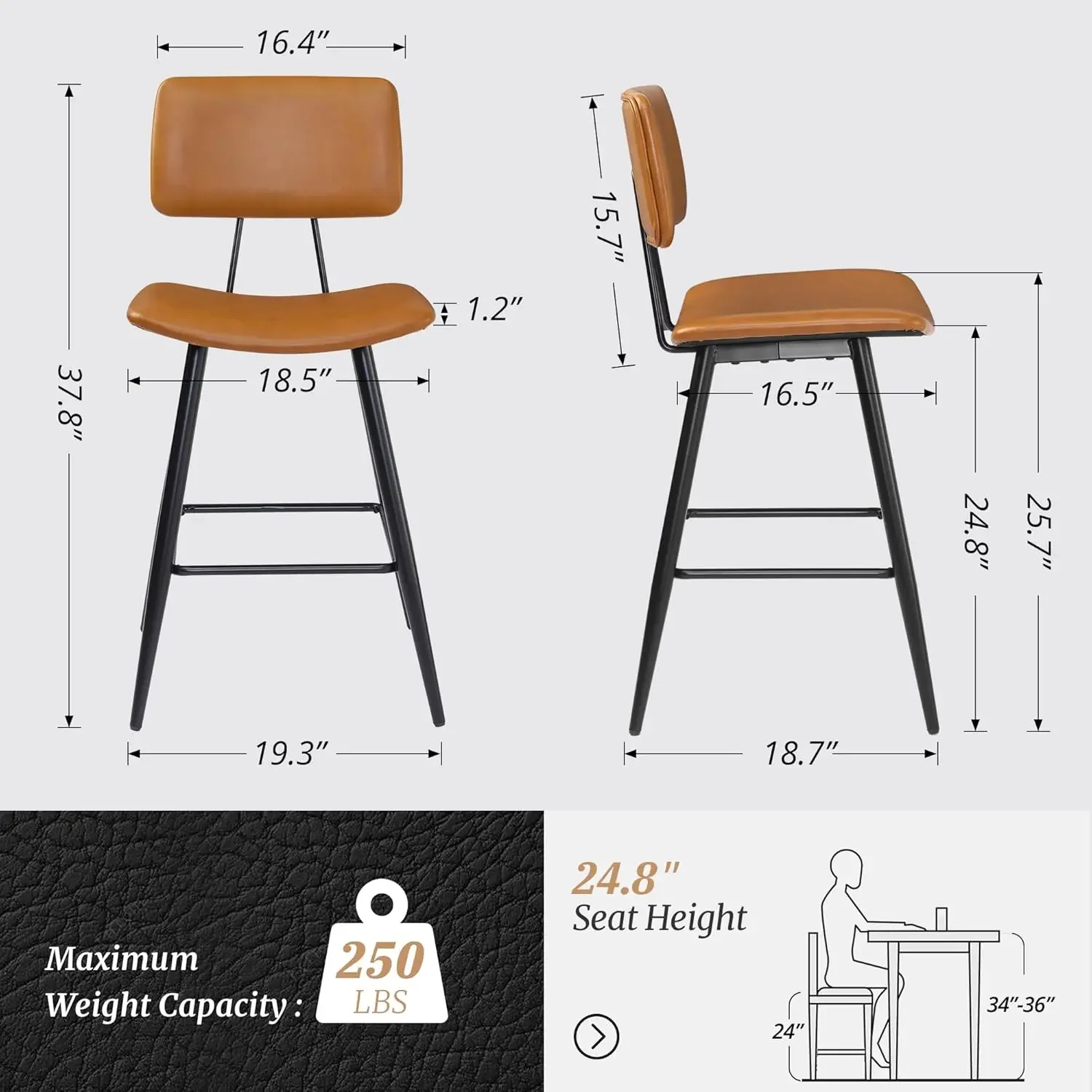

24.5" Whiskey Brown Bar Stools Set of 4, Faux Leather Upholstered Counter Height Bar Stools with Backs, Metal Footrest and Legs