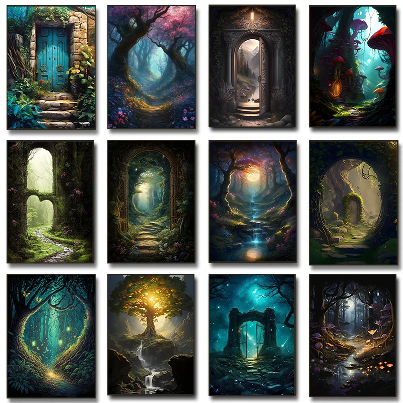 Mysterious Enchanted Grove Poster Sunlit Fairy Forest Path Fairy Tale Prints Canvas Painting Wall Picture Home Living Room Decor