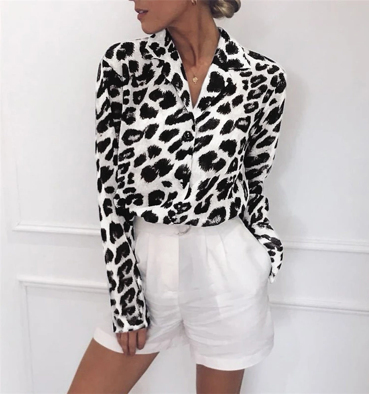 

Leopard Print Long Sve Women's irt Autumn Faion Polyester Material Slim Fit Button Plaet Regular Length irt