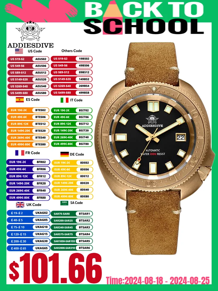 

ADDIESDIVE Men‘s CUSN8 solid bronze Watch Sapphire Glass Calendar Display 20Bar C3 Super Luminous Automatic Mechanical Watches