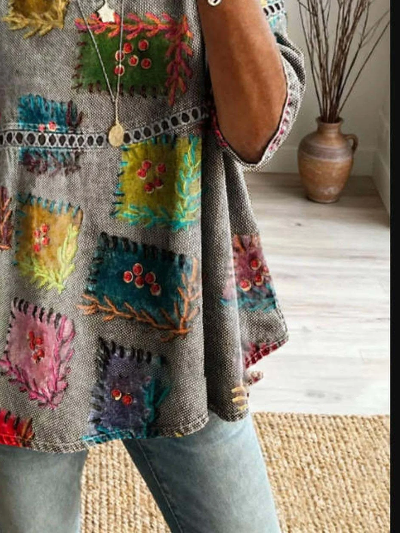 Women Plus Size Blouse 3D Patchwork Print Loose Fit Long Sleeve Casual Boho Tunic Top view 4