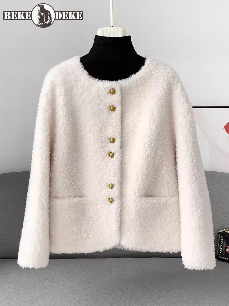 

Women Autumn Winter Real Wool Jacket O Neck Single Breasted Natural Sheep Fur Coat Vintage Office Ladies Thick Warm Overcoat
