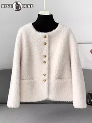 Women Autumn Winter Real Wool Jacket O Neck Single Breasted Natural Sheep Fur Coat Vintage Office Ladies Thick Warm Overcoat