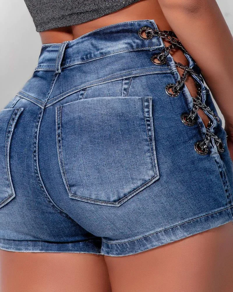 Denim Shorts for Women Fashion Casual Chain High Waist Half Pants Slim Fit Straight Leg Jeans Streetwear Y2K 2025 Summer New
