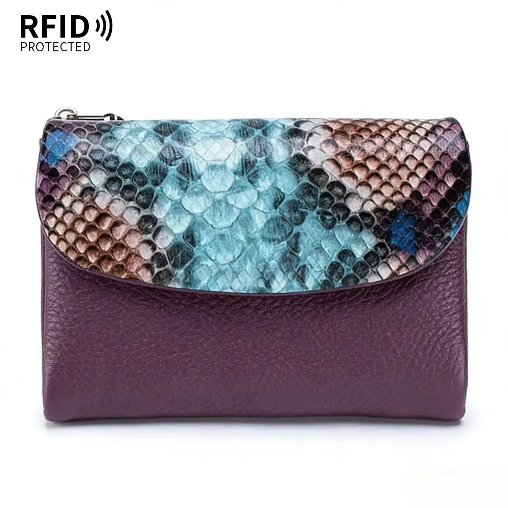 Cartera de Cuero Genuino 2026, Cartera Corta para Mujer con Bloqueo RFID, Monedero con Patrón de Serpiente, Bolso de Mano de Cuero Vacuno
