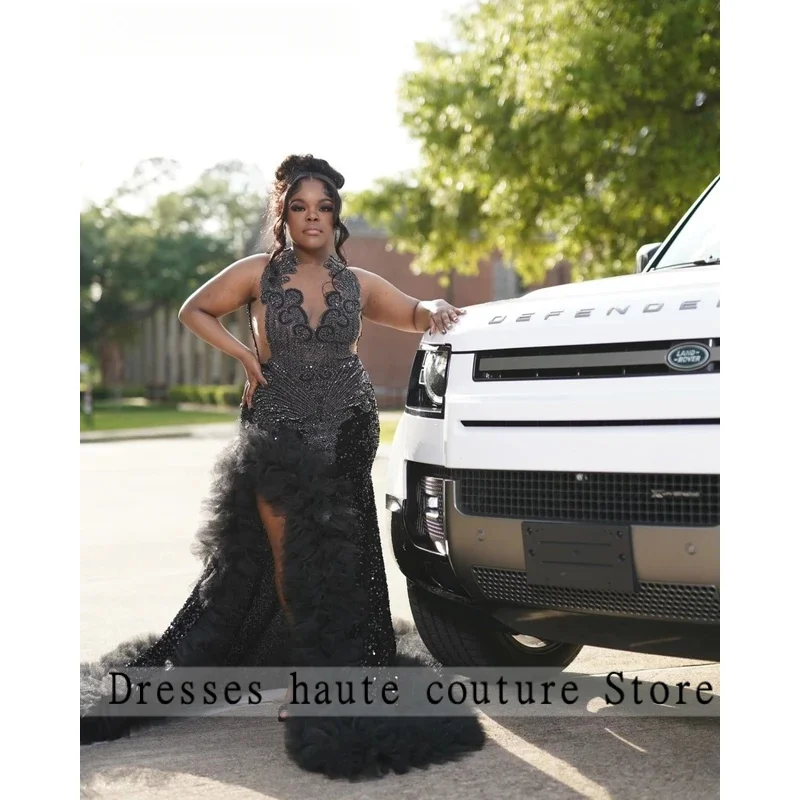 

Customized 2026 Black Sequins Mermaid Prom Dress Black Girls High Slit Ruffles Crystal Beaded Evening Party Gown E2P301