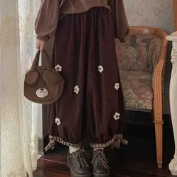 Corduroy Vintage Wide Leg Pants Sweet Flower Casual Loose Cute Trousers Solid Slim Kawaii Girls Adjustable Elastic Trousers