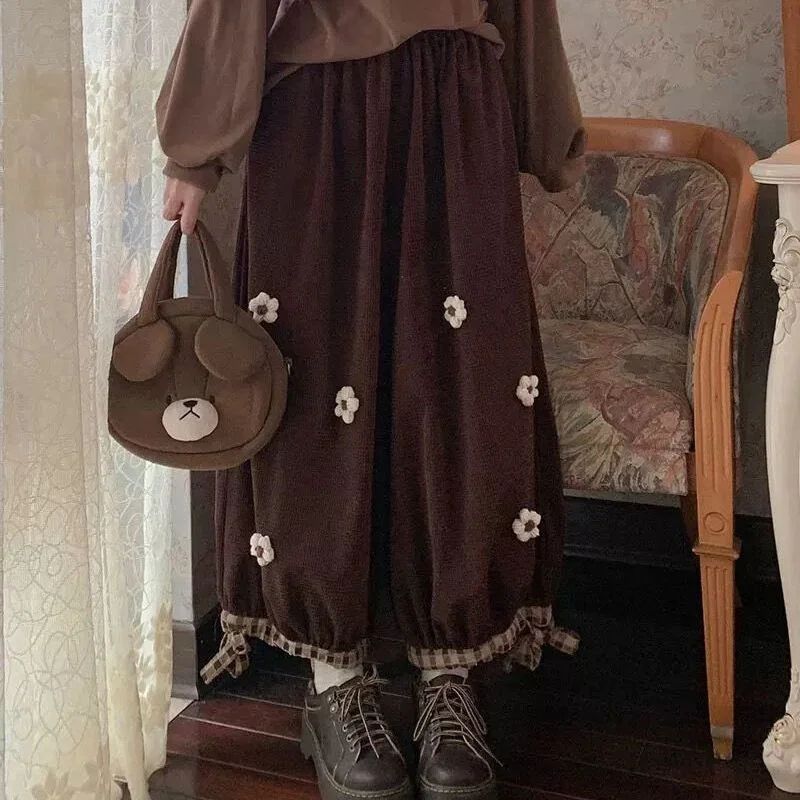 Corduroy Vintage Wide Leg Pants Sweet Flower Casual Loose Cute Trousers Solid Slim Kawaii Girls Adjustable Elastic Trousers