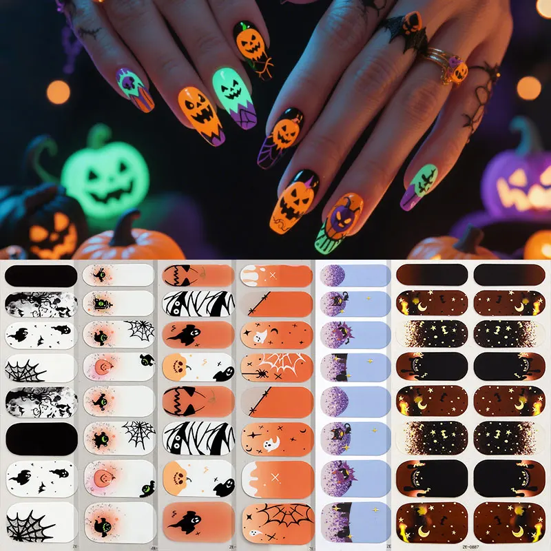 16 punte Halloween copertura completa strisce di smalto per unghie fantasma ragno zucca gatto nero adesivo per unghie avvolge manicure decorazione adesivo per unghie
