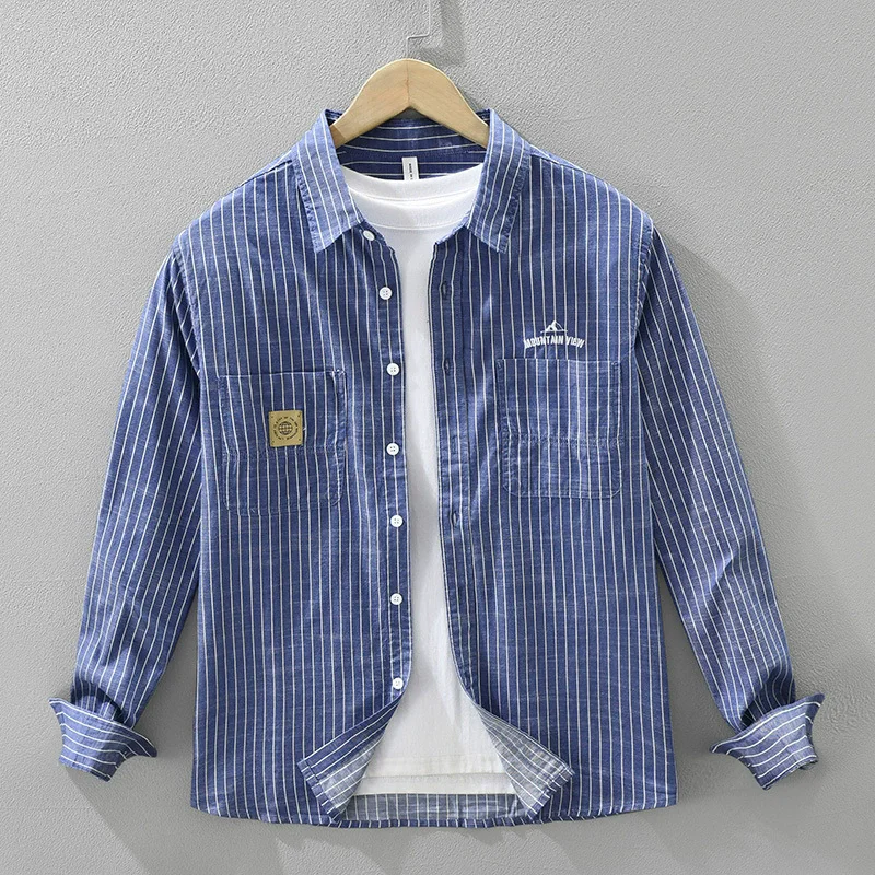 

Casual Striped 100% Cotton Long Sleeve Shirt for Men Clothing Letter Versatile Streetwear 2025 Autumn New