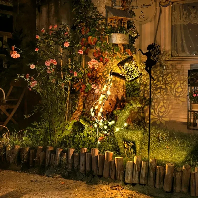 2025 New 1PC Solar Watering Can Lights, Outdoor Waterfall Garden String Fairy Lights, Solar Kettle Projection Light