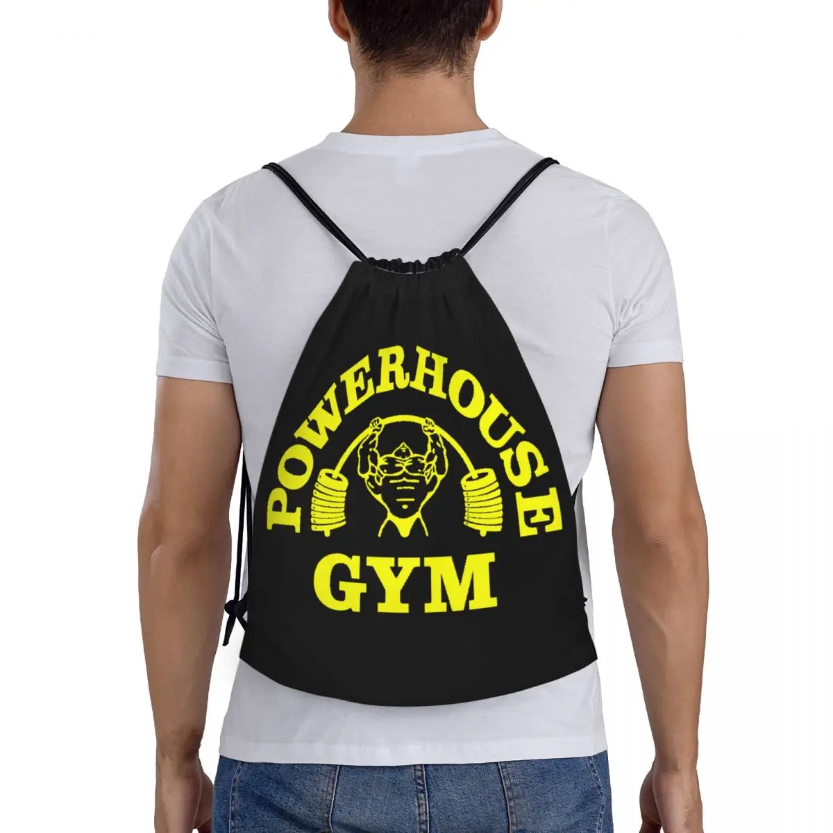 Custom Yellow Powerhouse Gym Drawstring Backpack Sports Gym Bag for Women Men Fitness Building Muscle Shopping Sackpack